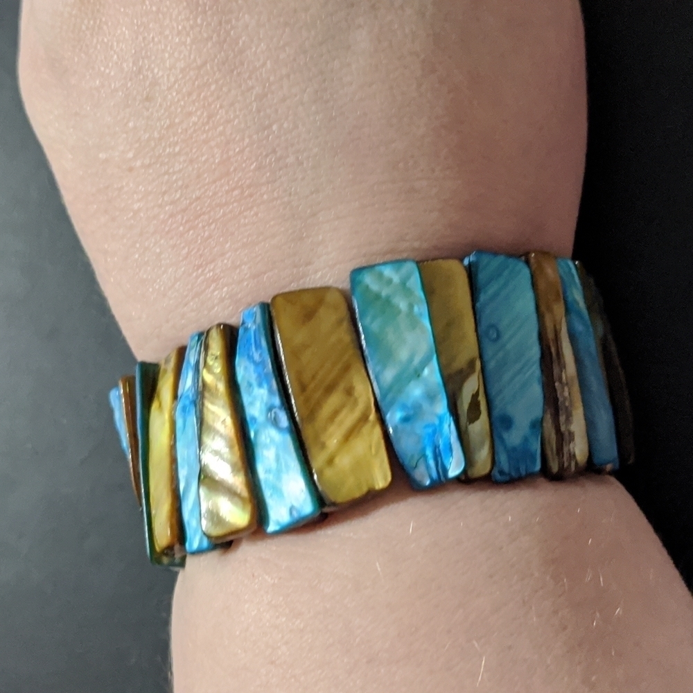 𝅺Brown and Blue Shell Spear Beaded Stretchy Elastic Statement Bracelet